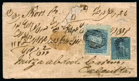 Stamp of Mauritius » 1859 Lapirot Issue 1859 Lapirot 2d. blue on cover in combination with 1859-61 Britannia 6d. on envelope from Port Louis to Calcutta
