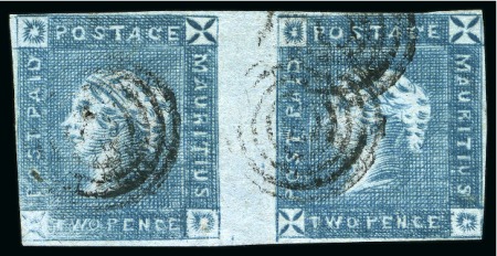 Stamp of Mauritius » 1859 Lapirot Issue » Early Impressions (SG 36-37) 1859 Lapirot 2d. deep blue, horizontal pair, positions 9-10, used