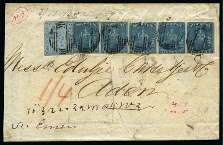 Stamp of Mauritius » 1859 Lapirot Issue » Worn Impressions (SG 39) 1859 Lapirot 2d. blue, position 11, all margins touched, in combination with 1859-61 Britannia 6d. blue stripes five, 