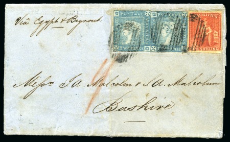 Stamp of Mauritius » 1859 Lapirot Issue » Intermediate Impressions (SG 38) 1859 Lapirot 2d. blue, two examples, positions 6 & 5, on letter to Bushire, Persia