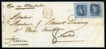 Stamp of Mauritius » 1859 Lapirot Issue » Intermediate Impressions (SG 38) 1859 Lapirot 2d. blue, horizontal pair, positions 3-4, on large folded cover from Port Louis to France