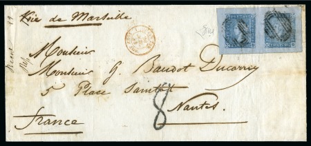 Stamp of Mauritius » 1859 Lapirot Issue » Intermediate Impressions (SG 38) 1859 Lapirot 2d. blue, horizontal pair, positions 3-4, on large folded cover from Port Louis to France