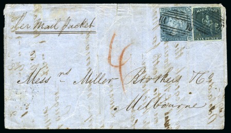 Stamp of Mauritius » 1859 Lapirot Issue » Intermediate Impressions (SG 38) 1859 Lapirot 2d. blue, position 9, in combination with 1859-61 Britannia 6d. blue on cover to Australia