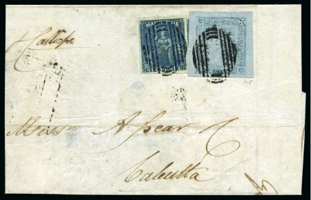 Stamp of Mauritius » 1859 Lapirot Issue » Worn Impressions (SG 39) 1859 Lapirot 2d. blue, position 5, very large margins all around, in combination with 1859-61 Britannia 6d. blue on cover to India