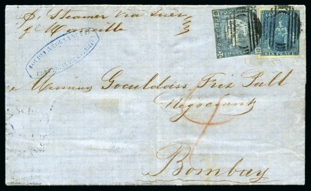 Stamp of Mauritius » 1859 Lapirot Issue » Intermediate Impressions (SG 38) 1859 Lapirot 2d. blue, position 10, in combination with 1859-61 Britannia on cover to India