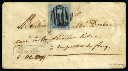 Stamp of Mauritius » 1859 Lapirot Issue » Worn Impressions (SG 39) 1859 Lapirot 2d. blue, position 12, large balanced margins all around, tied by oval bars cancels to 5.10.1859 envelope from Souillac to 'Rivière Seche à la partie de Flacq', 
