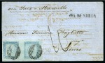 Stamp of Mauritius » 1859 Lapirot Issue » Worn Impressions (SG 39) 1859 Lapirot 2d. blue, horizontal pair, positions 6-7, on cover Genoa, Sardinia
