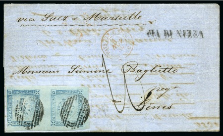 Stamp of Mauritius » 1859 Lapirot Issue » Worn Impressions (SG 39) 1859 Lapirot 2d. blue, horizontal pair, positions 6-7, on cover Genoa, Sardinia
