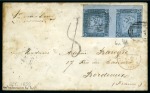 Stamp of Mauritius » 1859 Lapirot Issue » Worn Impressions (SG 39) 1859 Lapirot 2d. blue, horizontal pair, positions 1-2, margins ranging from clear to huge, on envelope to Bordeaux