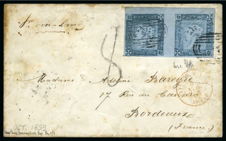 Stamp of Mauritius » 1859 Lapirot Issue » Worn Impressions (SG 39) 1859 Lapirot 2d. blue, horizontal pair, positions 1-2, margins ranging from clear to huge, on envelope to Bordeaux