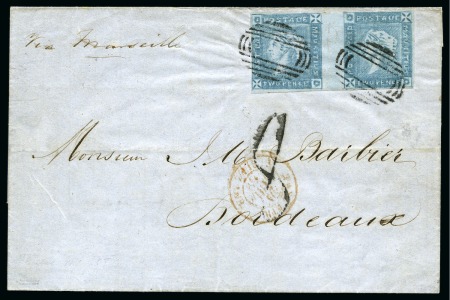 Stamp of Mauritius » 1859 Lapirot Issue » Early Impressions (SG 36-37) 1859 Lapirot 2d blue, horizontal pair, positions 10-11, on cover to Bordeaux