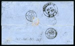 Stamp of Mauritius » 1848-59 Post Paid Issue » Worn Impressions (SG 16-22) 1857-59 Post Paid 1d red on greyish, vertical strip of four, positions 1/4/7/10, tied by oval bars cancels on folded cover from Port Louis to Bordeaux
