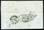 Stamp of Mauritius » 1848-59 Post Paid Issue » Latest Impressions (SG 23-25) 1859 Post Paid 1d. red-brown on bluish, two examples from positions 12 and 9, on cover at 2d. overseas price current letter rate
