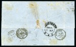 Stamp of Mauritius » 1848-59 Post Paid Issue 1859 Post Paid 1d. red on greyish, vertical strip of four, positions 3/6/9/12, tied by barred oval cancels on folded cover from Port Louis to Bordeaux