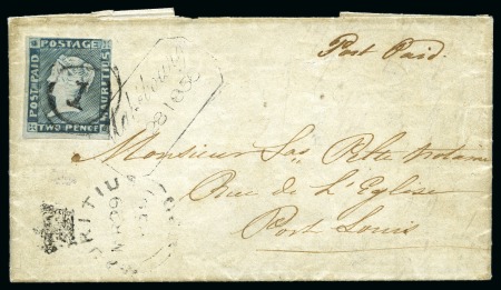 Stamp of Mauritius » 1848-59 Post Paid Issue » Worn Impressions (SG 16-22) 1855-58 Post Paid 2d. blue, position 7, tied to folded entire letter by numeral '1'in two concentric rings from Mahébourg to Port Louis