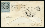 Stamp of Mauritius » 1848-59 Post Paid Issue » Latest Impressions (SG 23-25) 1856-58 Post Paid 2d blue, position 3, tied by numeral '12' of two concentric rings to small envelope