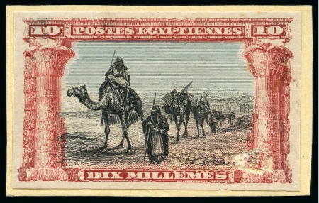 Stamp of Egypt » 1864-1906 Essays 1906 Bradbury & Wilkinson 10m essay affixed to card showing camels and Bedouins in red, blue and black