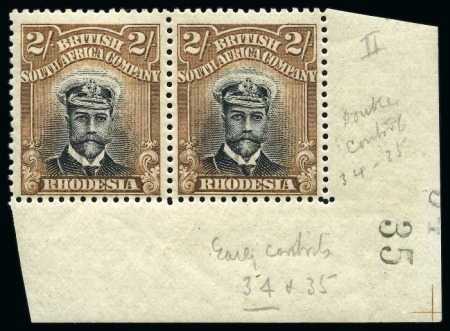 Stamp of Rhodesia 1913-22 2s Black and Yellow-Brown, head die II, perf 14, mint lower right corner horizontal pair with sheet number "35"