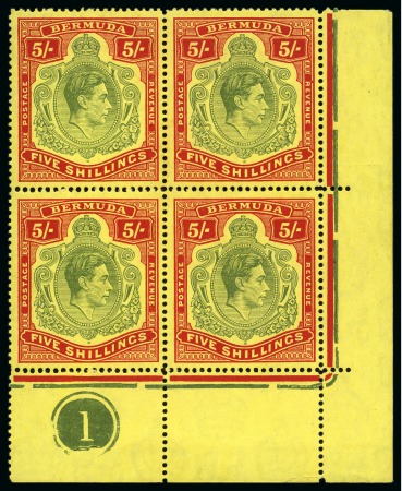 Stamp of Bermuda 1938-53 5s Dull Yellow-Green and Red on yellow, line perf 14, mint og lower right corner plate block of 4, showing varieties 