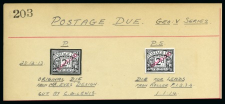 Stamp of Great Britain » Postage Dues 1913 2d Postage Due die proofs, two, affixed to piece from the personal archive of the Royal Mint engraver H. A. Richardson
