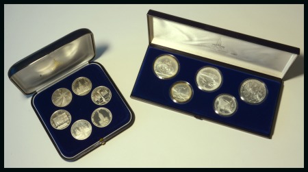 Stamp of Olympics » 1980 Moscow 1980 Moscow sets of silver coins in two presentation cases, the first a group of six 1R coins, and the second a group with two 5R and three 10R