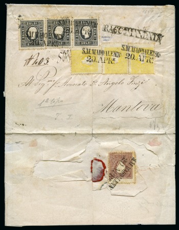 Stamp of Italian States » Lombardy Venetia 1860 (April 20) Registered entire letter to Mantua, bearing 1858 Type I 2s yellow and Type I 3s back, three examples of each denomination, additionally franked for registration with 1858 Type II 15s brown  