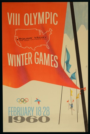 Stamp of Olympics » 1960 Squaw Valley 1960 Squaw Valley Olympic poster by Kaiser Graphic Arts, depicting a large slalom flag with "VIII OLYMPIC / WINTER GAMES" with outline of the USA