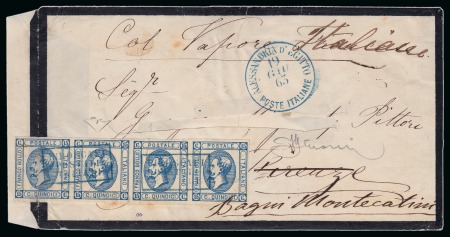 Stamp of Egypt » Italian Post Offices » Alexandria 1863 (19.6) Mourning envelope bearing Italy 1863 lithographed 15c. blue strip of four