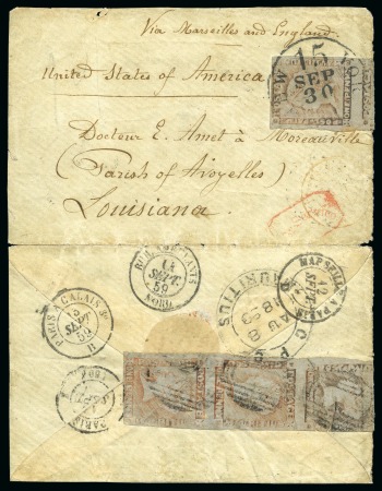 Stamp of Mauritius » 1848-59 Post Paid Issue » Latest Impressions (SG 23-25) 1859 Post Paid 1d. red-brown on bluish, vertical strip of four, positions 3/6/9/12, on cover to USA