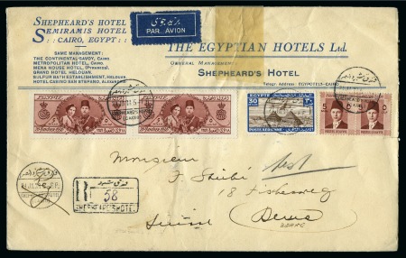 Stamp of Egypt » Commemoratives 1938 Royal Wedding 5m pair on Shepherd's Hotel printed cover