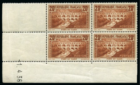 Stamp of France » Émissions à partir de 1900 1929-31, Pont du Gard 20F IIB en coin daté (1.4.36)