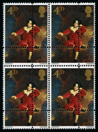 Stamp of Great Britain » Queen Elizabeth II 1967 Paintings 4d mint block four showing dramatic DOUBLY PERFORATED variety, plus 3d vertical pair with leftward shift of the blue