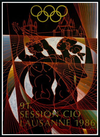 Stamp of Olympics » Pierre de Coubertin and the IOC 1986 IOC Session in Lausanne poster affixed to a board for display in the hotel in Lausanne that the Session members stayed in