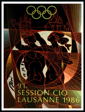 Stamp of Olympics » Pierre de Coubertin and the IOC 1986 IOC Session in Lausanne double-sided stand up display in card, 24x34cm, signed on the inside by the artist Hans Erni