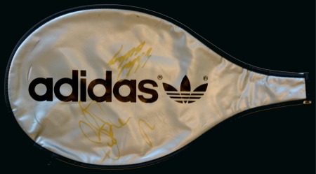 Stamp of Olympics » Autographs Roger Federer signed Tennis racquet cover in gold pen