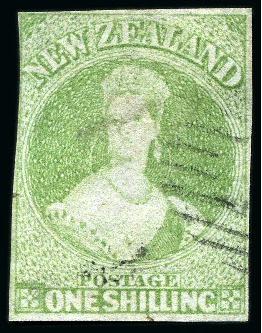 Stamp of New Zealand 1855-73, Group of 15 Chalons, incl. three margin 1s green no wmk on blued paper