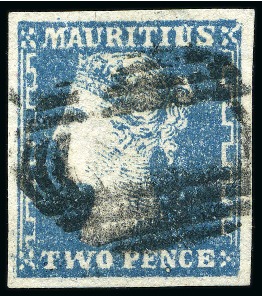 Stamp of Mauritius » 1859 Dardenne Issue (SG 41-44) 1859 Dardenne 2d. blue, position 65, with good even margins, used with neat barred oval