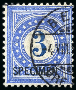 Stamp of Switzerland / Schweiz » Nachportomarken (Inlandsbriefe) 1878-1880 3Rp blue, used with SPECIMEN ovpt, unusual