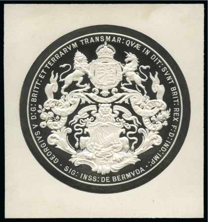 Stamp of Bermuda 1910 Great Seal of Bermuda showing Royal Coat of Arms and ship, embossed in black and white in 62mm circle on card 