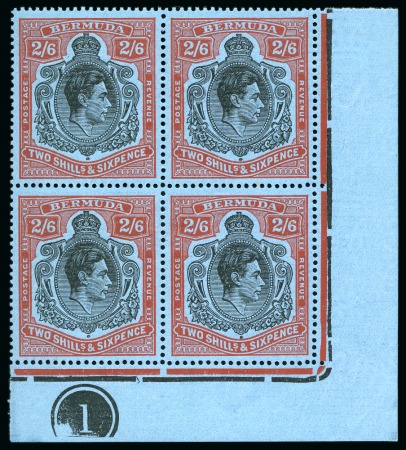 Stamp of Bermuda 1938-53 2s6d black and red on pale blue, ordinary paper, perf.14, in mint nh corner marginal plate block of four showing variety "broken lower right scroll"