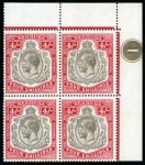 Stamp of Bermuda 1918-22 4s Black & Carmine in mint nh top right corner marginal plate block of four showing two varieties