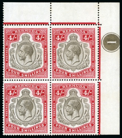 Stamp of Bermuda 1918-22 4s Black & Carmine in mint nh top right corner marginal plate block of four showing two varieties