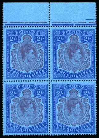 Stamp of Bermuda 1938-53 2s Purple & Blue on deep blue mint nh top marginal block of four showing variety "gash in chin"