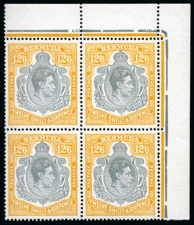 Stamp of Bermuda 1938-53 12s6d Grey & Yellow on ordinary paper in mint nh top right corner marginal block of four