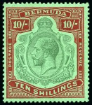 Stamp of Bermuda 1924-32 10s Green & Red on deep emerald chalk-surfaced paper showing variety "broken crown and scroll" mint