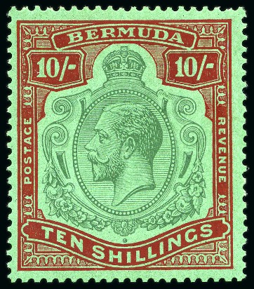 Stamp of Bermuda 1924-32 10s Green & Red on deep emerald chalk-surfaced paper showing variety "broken crown and scroll" mint