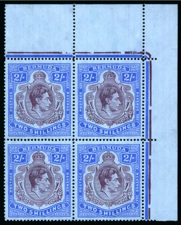 Stamp of Bermuda 1938-53 2s Deep Purple & Ultramarine on grey-blue chalk-surfaced paper, line perf. 14 1/4, in mint nh top right corner marginal block of four
