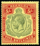 Stamp of Bermuda 1918-22 5s Green & Carmine-Red on pale yellow mint hr with INVERTED WATERMARK variety and "BREAK IN SCROLL" variety