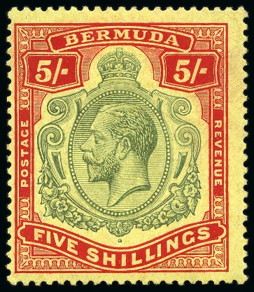Stamp of Bermuda 1918-22 5s Green & Carmine-Red on pale yellow mint hr with INVERTED WATERMARK variety and "BREAK IN SCROLL" variety