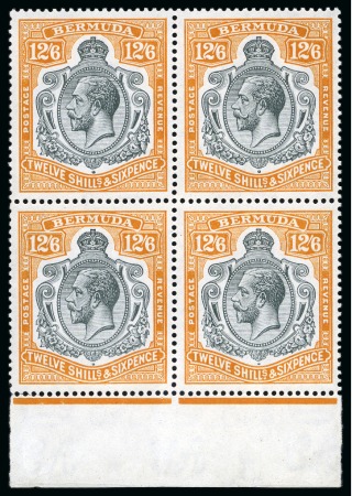 Stamp of Bermuda 1924-32 12s6d Grey & Orange mint nh lower marginal block of four showing variety "break in lines below left scroll"